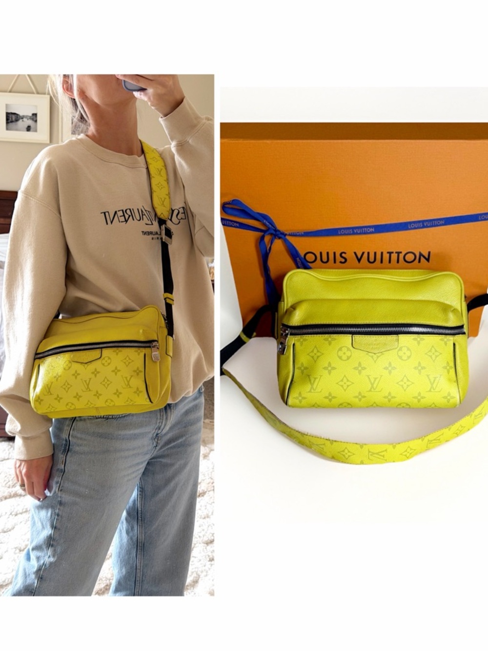 Louis vuitton taigarama leather outdoor messenger mens womens monogram bag neon